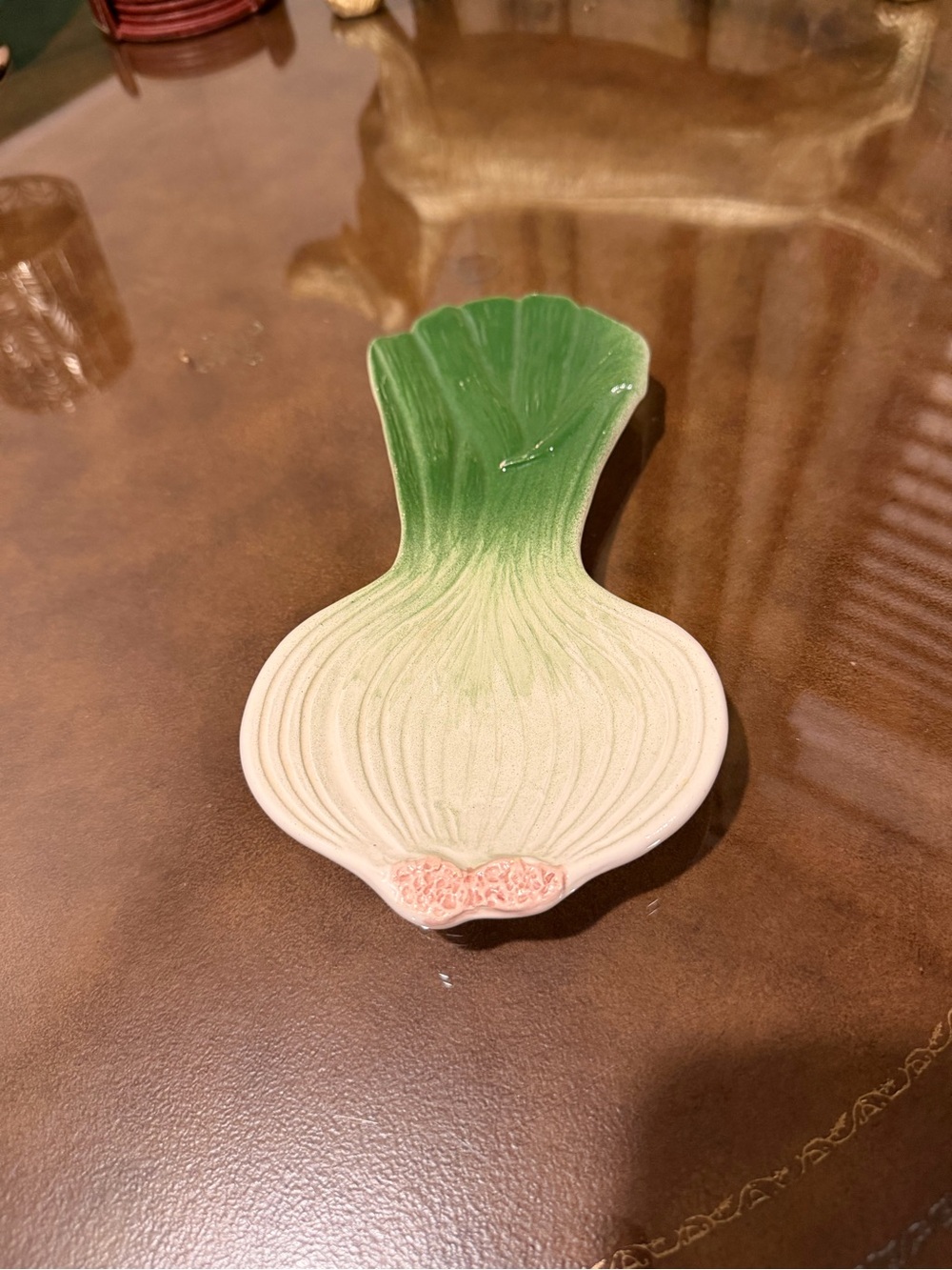 Vintage Green and Cream Onion-Shaped Ceramic Spoon Rest